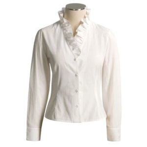 Renee Dumarr Cropped Ruffle Neck Button Down Blouse Shirt